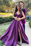 Kateprom V Neck Backless Purple Satin Long Prom Dress with High Slit KPP1644