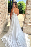 Kateprom V Neck Open Back White Lace Long Prom Wedding Dresses with Train KPP1645