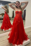 Kateprom Strapless Red Tulle Long Prom Dress with Lace Appliques KPP1646