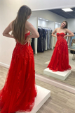 Kateprom Strapless Red Tulle Long Prom Dress with Lace Appliques KPP1646