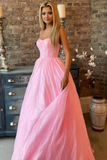 Kateprom Shiny Pink Tulle Spaghetti Straps Sparkly Long Prom Formal Evening Dress KPP1647