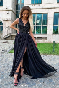 Kateprom Black V Neck Chiffon Lace Long Prom Evening Dress KPP1650