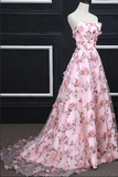 Kateprom Pink Flower Appliques Strapless A line Long Prom Dresses, Evening Gowns KPP1651