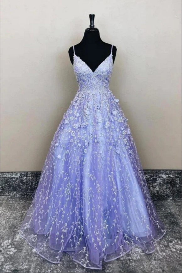 Purple Tulle A line Long Prom Dresses, Evening Dresses With Lace Appliques KPP1652
