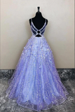 Purple Tulle A line Long Prom Dresses, Evening Dresses With Lace Appliques KPP1652