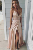 A Line Spaghetti Straps Pink Elastic Satin Prom Dress with Beading KPP1653