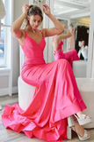 Gorgeous Hot Pink Satin Mermaid Long Prom Dress With Tiered, Formal Dress KPP1655