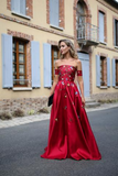 A line Long Prom Dress Burgundy Off the shoulder Satin Embroidery Chic Evening Dress KPP1657