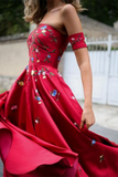 A line Long Prom Dress Burgundy Off the shoulder Satin Embroidery Chic Evening Dress KPP1657