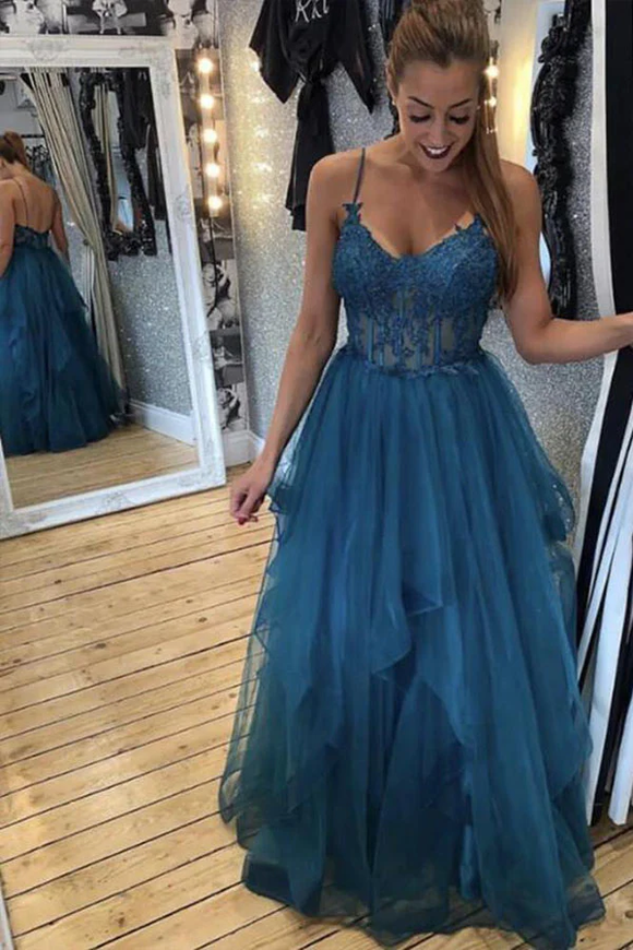 Kateprom Teal Tulle Straps A Line Prom Dress With Lace Appliques KPP1658