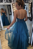 Kateprom Teal Tulle Straps A Line Prom Dress With Lace Appliques KPP1658