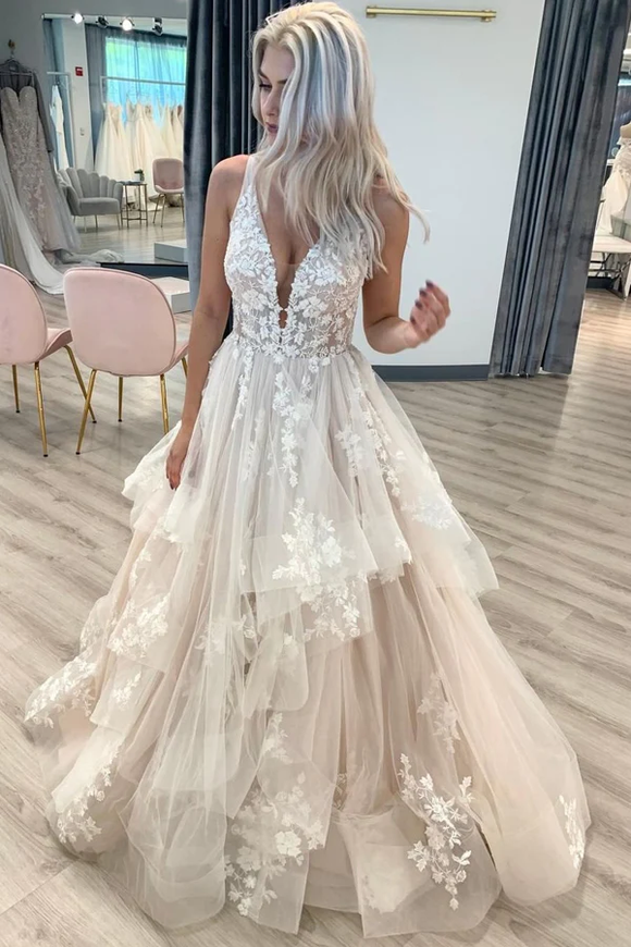 V Neckline Tired Tulle A line Lace Wedding Dress Floor Length KPW0728