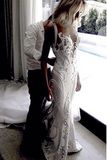 Luxurious Ivory Lace Open Back Mermaid V Neck Beach Wedding Dress KPW0732