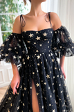 A Line Tulle Black Long Prom Dress Black Tulle Formal Evening Dress KPP1659