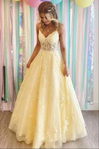 Yellow A Line Lace Appliques Spaghetti Straps Prom Dresses, Evening Gown KPP1660