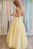 Yellow A Line Lace Appliques Spaghetti Straps Prom Dresses, Evening Gown KPP1660