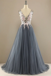 V Neck Ball Gown Tulle Prom Dress Floral Lace Party Dress KPP1661