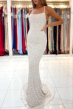 Spaghetti Straps Pearl White Prom Dresses Sparkly Sheath Formal Dress KPP1663
