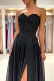 Strapless Sweetheart Neck Prom Gown with High Slit Black Prom Dress KPP1664