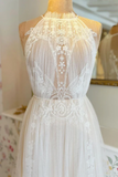 A Line Delicated Lace Tulle Wedding Dresses See Through Halter Neck Bridal Dress KPW0733