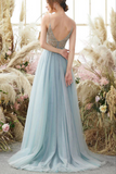 Light Blue Tulle Beaded A Line V Neck Long Prom Dresses, Evening Gowns KPP1665