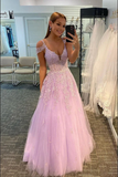 Tulle Lilac A Line Long Prom Dresses With Lace Appliques, Evening Dresses KPP1666