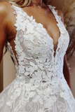 V Neck A Line Ball Gown Wedding Dress Appliqued Lace Wedding Gown KPW0735