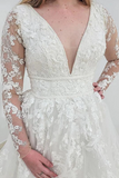 V Neck Long Sleeves White Lace Tulle Prom Dress, Layered White Lace Wedding Dress, White Formal Evening Dress KPW0736