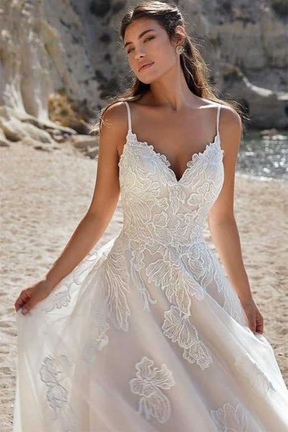 V Neck Backless Light Champagne Lace Long Prom Dress, Light Champagne Lace Wedding Dress KPW0737