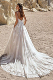 V Neck Backless Light Champagne Lace Long Prom Dress, Light Champagne Lace Wedding Dress KPW0737