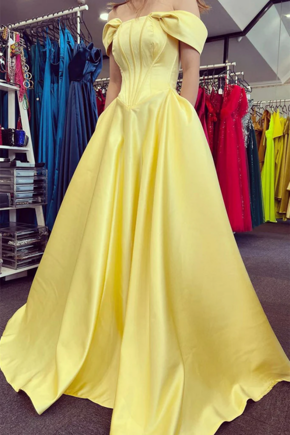 Off Shoulder Yellow Satin Long Prom Dress with Pocket, Long Yellow Formal Dress KPP1669