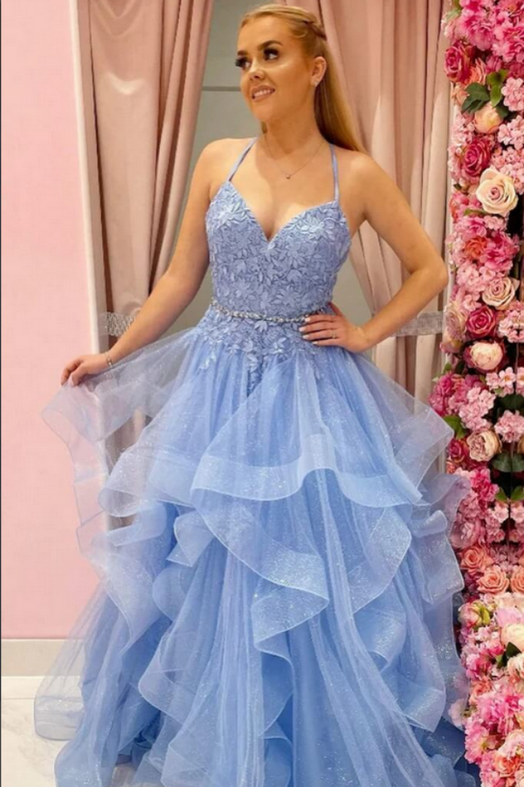 Sky Blue Tiered Tulle Princess Long Prom Dresses With Lace Appliques KPP1670