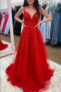 Red A Line V Neck Lace Appliques Long Prom Dresses, Cheap Evening Gowns KPP1671