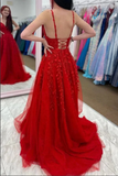 Red A Line V Neck Lace Appliques Long Prom Dresses, Cheap Evening Gowns KPP1671