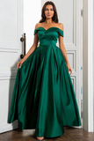 Off Shoulder Green Satin Long Prom Dress, Formal Graduation Evening Dress KPP1673