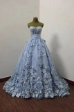Gorgeous Blue Tulle Long Prom Dress With Applique, Evening Dress KPP1676