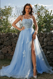 Blue A Line Sleeveless Spaghetti Straps Prom Dresses With Lace Appliques KPP1678