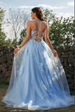 Blue A Line Sleeveless Spaghetti Straps Prom Dresses With Lace Appliques KPP1678