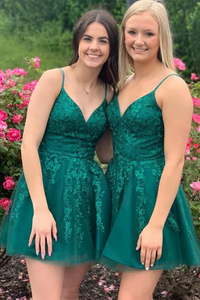 V Neck Green Lace Prom Dress, Short Green Lace Homecoming Dress KPH0669