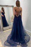 Navy Blue Lace A Line Backless Long Prom Dresses With Slit, Evening Dress KPP1679