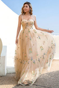 A Line Spaghetti Straps Champagne Prom Dress With Appliques KPP1681