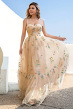 A Line Spaghetti Straps Champagne Prom Dress With Appliques KPP1681