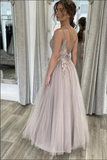 Tulle A Line Floor Length Prom Dresses With Lace Appliques, Evening Gown KPP1683