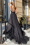Shiny Tulle V Neck Open Back Black Long Prom Dresses With High Slit KPP1684