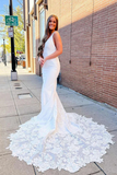 Ivory Satin Mermaid V Neck Lace Appliques Wedding Dresses, Bridal Gown KPW0741