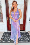 Mermaid Purple Sequins V Neck Prom Dresses With Slit,Gorgeous Evening Party Dress KPP1685
