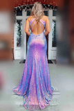 Mermaid Purple Sequins V Neck Prom Dresses With Slit,Gorgeous Evening Party Dress KPP1685