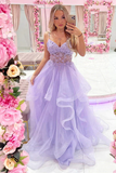 Gorgeous V Neck Beaded Purple Lace Floral Long Prom Dresses KPP1686
