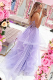 Gorgeous V Neck Beaded Purple Lace Floral Long Prom Dresses KPP1686