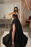 Spaghetti Straps Thigh Split Lace Appliques Black Prom Dresses KPP1688
